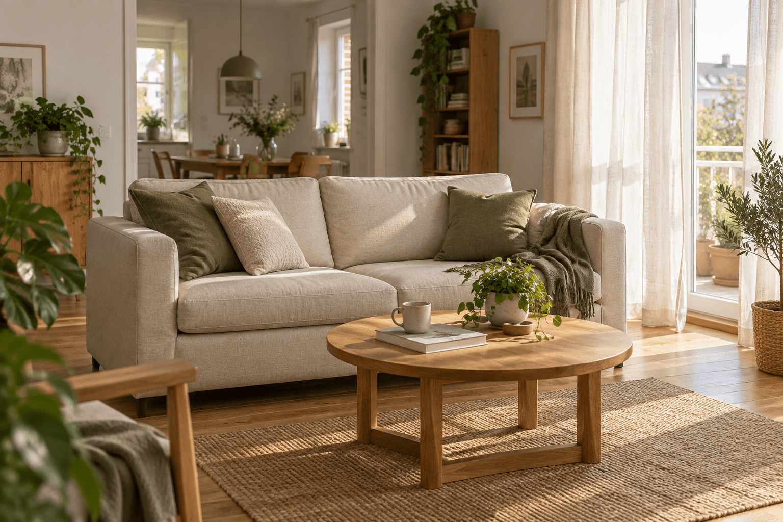 Jasny, uporządkowany salon z wygodną sofą i naturalnym drewnem